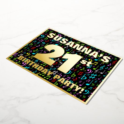 21歳の誕生日パーティー—おもしろい、カラフル音楽シンボル 箔招待状 (回転した状態)