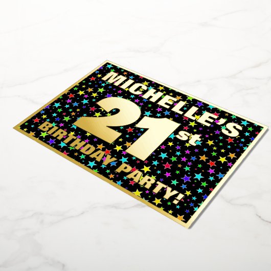 21歳の誕生日パーティー—おもしろい、カラフルStars Pattern 箔招待状 (回転した状態)