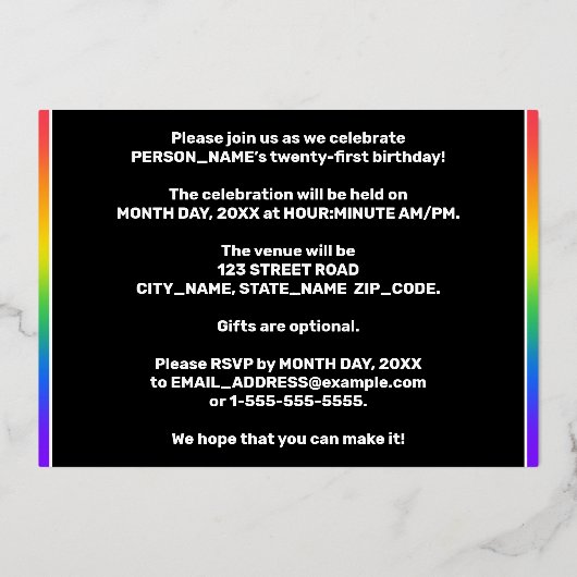 21歳の誕生日パーティー—おもしろい、カラフルStars Pattern 箔招待状 (裏面)