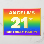 21歳の誕生日パーティー:おもしろい、レインボーカラフルパターン 箔招待状 (正面)