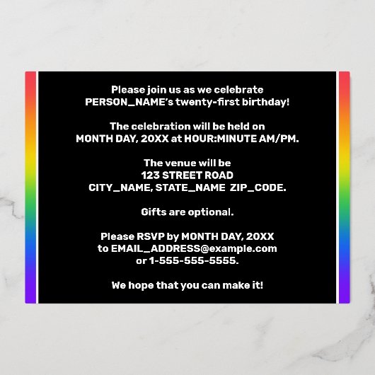 21歳の誕生日パーティー:おもしろい、レインボーカラフルパターン 箔招待状 (裏面)