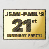 21歳の誕生日パーティー— はっきりした、木目フェイク文字 箔招待状 (正面)