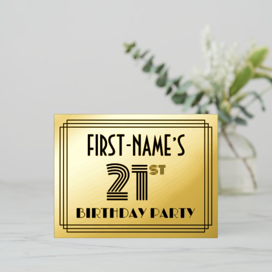 21歳の誕生日パーティー~アールデコスタイル"21" +名前 箔招待状ポストカード (立ち正面)