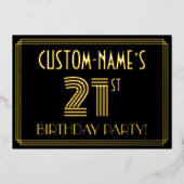 21歳の誕生日パーティー—アールデコスタイル「21」 +名前 箔招待状 (正面)