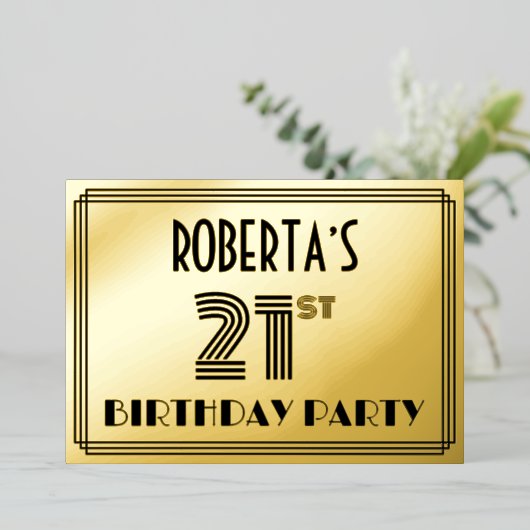 21歳の誕生日パーティー—アールデコスタイル「21」 & Name 箔招待状 (立ち正面)