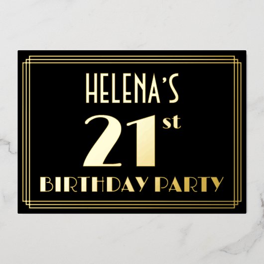 21歳の誕生日パーティー:アールデコルック"21"、名前あり 箔招待状 (正面)