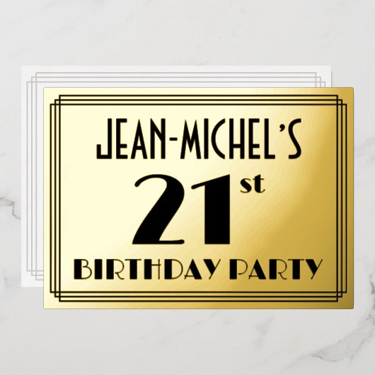 21歳の誕生日パーティー—アールデコ検索「21」 +名前 箔招待状 (正面/裏面)