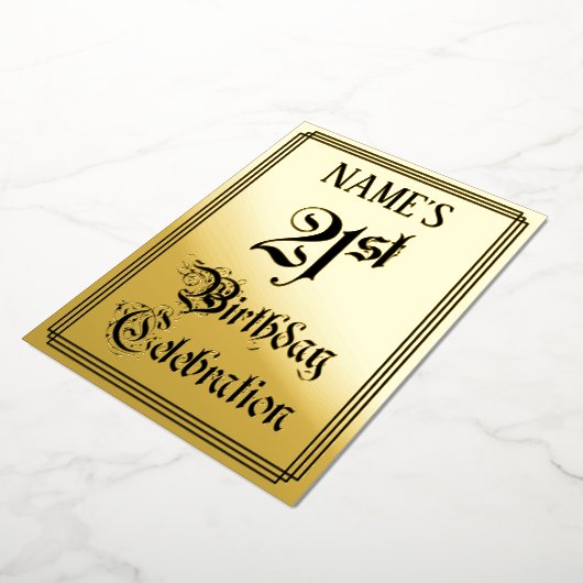 21歳の誕生日パーティー—エレガントスクリプト+名前をカスタムする 箔招待状 (回転した状態)