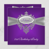 21歳の誕生日パーティー エレガント パープル シルバー 招待状 (正面/裏面)