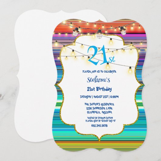 21歳の誕生日パーティー カラフルなストライプとライト 招待状 (正面/裏面)