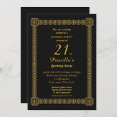 21歳の誕生日パーティー, ガatsbyスタイル, ブラック＆ゴールド v3b 招待状 (正面/裏面)