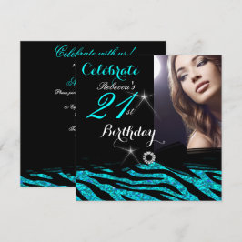 21歳の誕生日パーティー グリッター ティールブルー シマウマ 4a 招待状