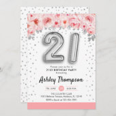 21歳の誕生日パーティー – シルバー・バルーン 招待状 (正面/裏面)