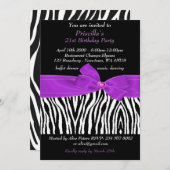 21歳の誕生日パーティー、ゼブラ、黒紫の白 招待状 (正面/裏面)