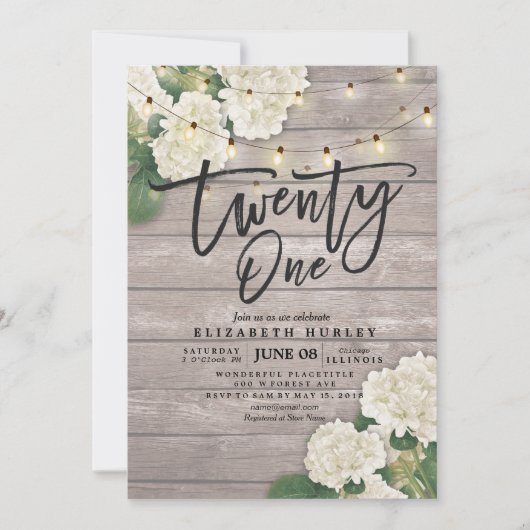 21歳の誕生日パーティー ハイドレンジアの花 ライト 木 招待状 (正面)