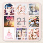 21歳の誕生日パーティー、バラ金ゴールド赤面ピンク写真 スクエアペーパーコースター (正面)