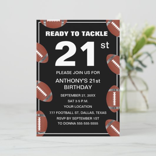 21歳の誕生日パーティー フットボール ブラック ダッド スポーツ 招待状 (スタンド正面)