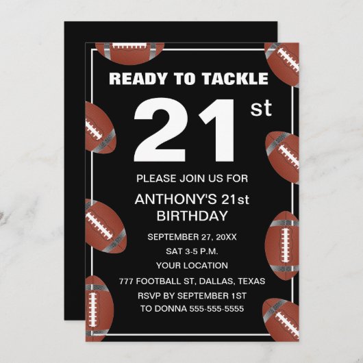 21歳の誕生日パーティー フットボール ブラック ダッド スポーツ 招待状 (正面/裏面)