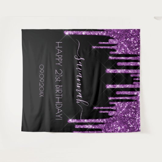 21歳の誕生日パーティー ブラック パープル グリッター グラム タペストリー (正面(横))