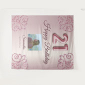 21歳の誕生日パーティー ブラッシュピンクバルーン グリッター タペストリー (正面(横))