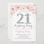 21歳の誕生日パーティー – ホワイトシルバーピンク 招待状 (正面/裏面)