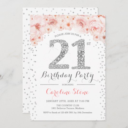 21歳の誕生日パーティー – ホワイトシルバーピンク 招待状 (正面/裏面)
