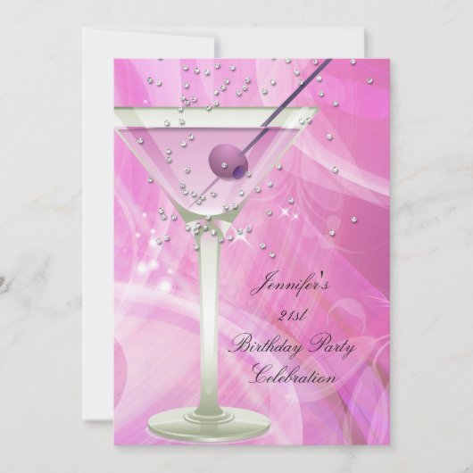 21歳の誕生日パーティー ホワイト ピンク マティーニ 招待状 (正面)
