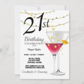 21歳の誕生日パーティー、マルティニグラス金ゴールドグリッター 招待状 (正面)