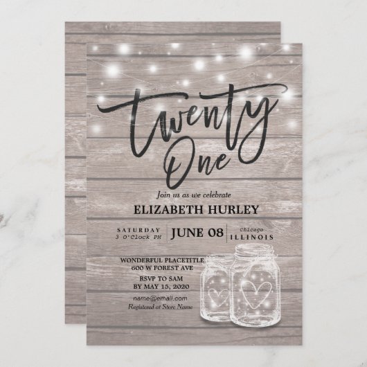 21歳の誕生日パーティー メイソンジャー イルミネーション 木 招待状 (正面/裏面)