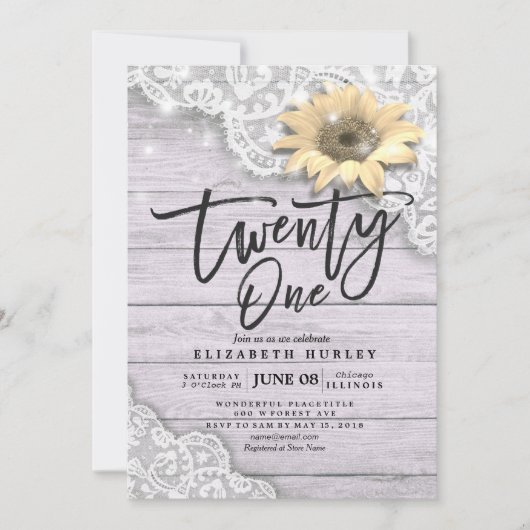 21歳の誕生日パーティー ライト ラッセルひまわりストリング ライト ウッド 招待状 (正面)
