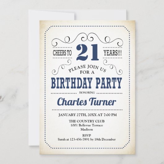 21歳の誕生日パーティー-レトロクリーミー白と海軍 招待状 (正面)