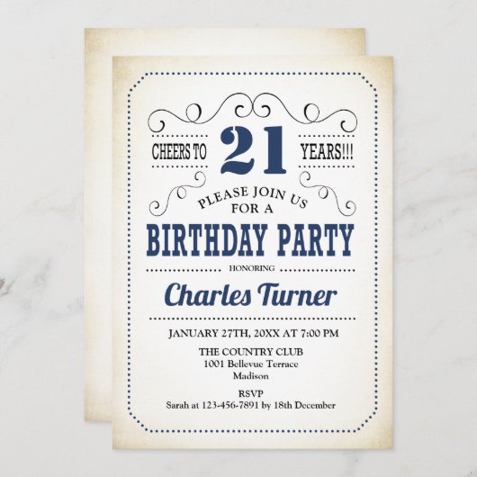 21歳の誕生日パーティー-レトロクリーミー白と海軍 招待状 (正面/裏面)