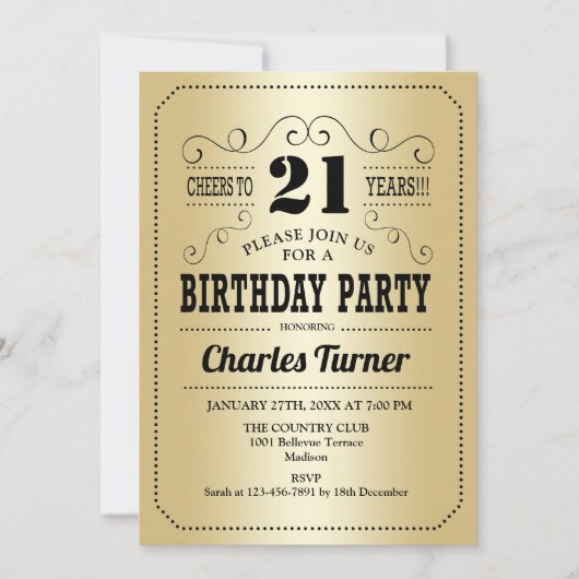 21歳の誕生日パーティー-レトロ金ゴールドブラック 招待状 (正面)