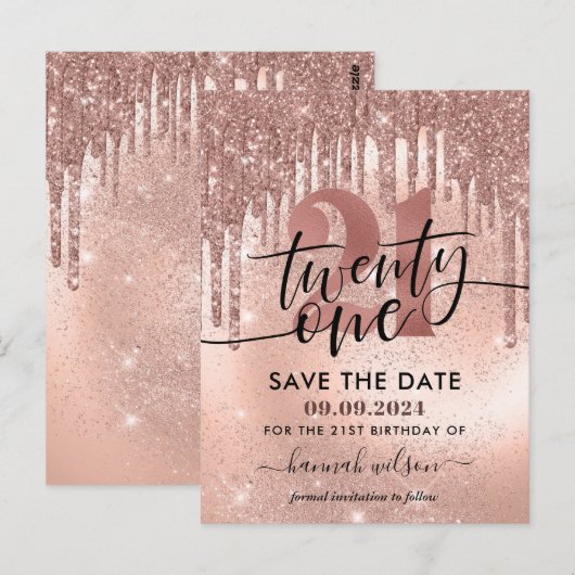21歳の誕生日パーティー ローズゴールド Save The Date ポストカード (正面/裏面)