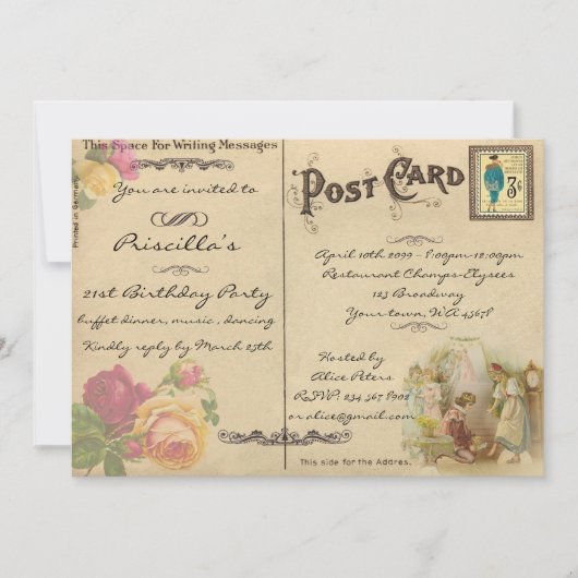 21歳の誕生日パーティー,ヴィンテージ,古い葉書スタイル 招待状 (正面)