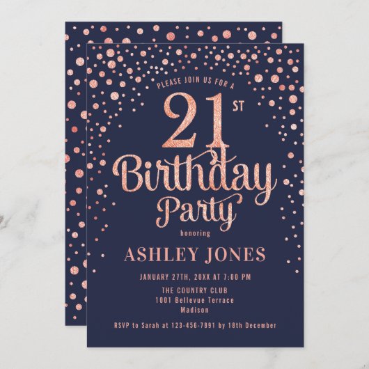 21歳の誕生日パーティー – 海軍とバラ金ゴールド 招待状 (正面/裏面)