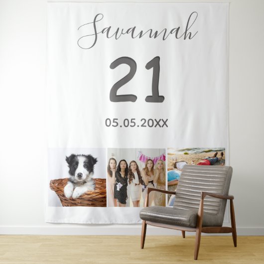 21歳の誕生日パーティー 白い写真コラージュ ネーム タペストリー (インサイチュ)