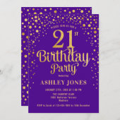 21歳の誕生日パーティー – 紫と金ゴールド 招待状 (正面/裏面)