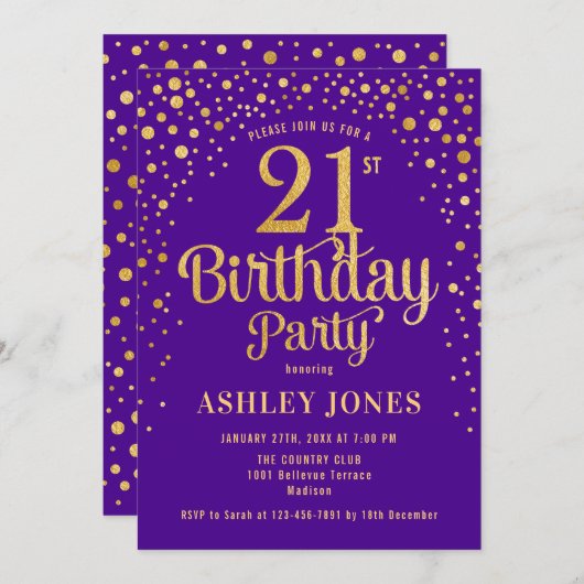 21歳の誕生日パーティー – 紫と金ゴールド 招待状 (正面/裏面)