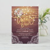 21歳の誕生日パーティー 花のストリングライト 木製レース 招待状 (スタンド正面)
