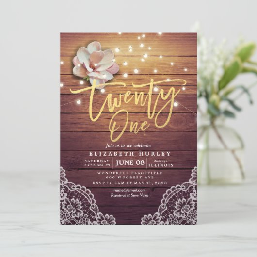 21歳の誕生日パーティー 花のストリングライト 木製レース 招待状 (スタンド正面)