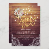 21歳の誕生日パーティー 花のストリングライト 木製レース 招待状 (正面/裏面)