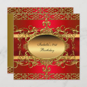 21歳の誕生日パーティー 豪華な赤と金の装飾 招待状 (正面/裏面)