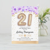 21歳の誕生日パーティー-金ゴールドバルーン紫 招待状 (スタンド正面)