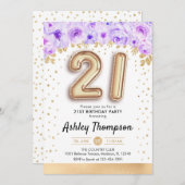 21歳の誕生日パーティー-金ゴールドバルーン紫 招待状 (正面/裏面)