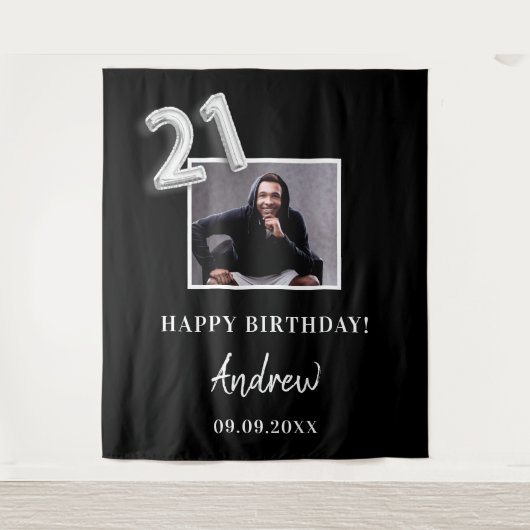 21歳の誕生日パーティー 黒い写真 名前 男の子 タペストリー (正面)