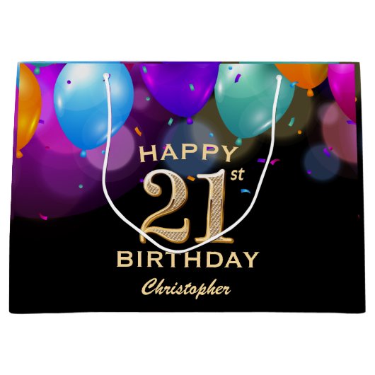 21歳の誕生日パーティー(黒と金ゴールド) ラージペーパーバッグ (正面)