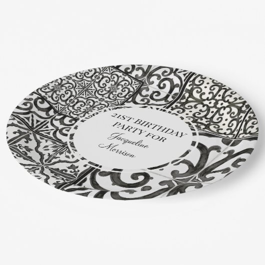 21歳の誕生日パーティーRusticTileパターン白黒 ペーパープレート (アングル)