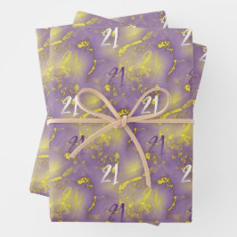 21歳の誕生日パープルとフェイク金ゴールドエレガント ラッピングペーパーシート