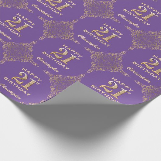 21歳の誕生日パープルと金ゴールドグリッターフレーム ラッピングペーパー (角)